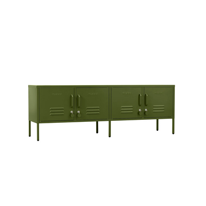 Green metal cabinet with multiple doors on a white background