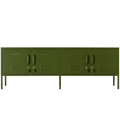 Green locker-style cabinet on a white background