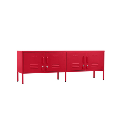 Red metal locker-style cabinet on a white background