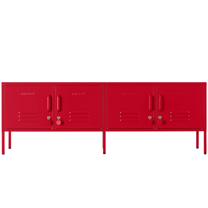 Red locker-style cabinet on a white background