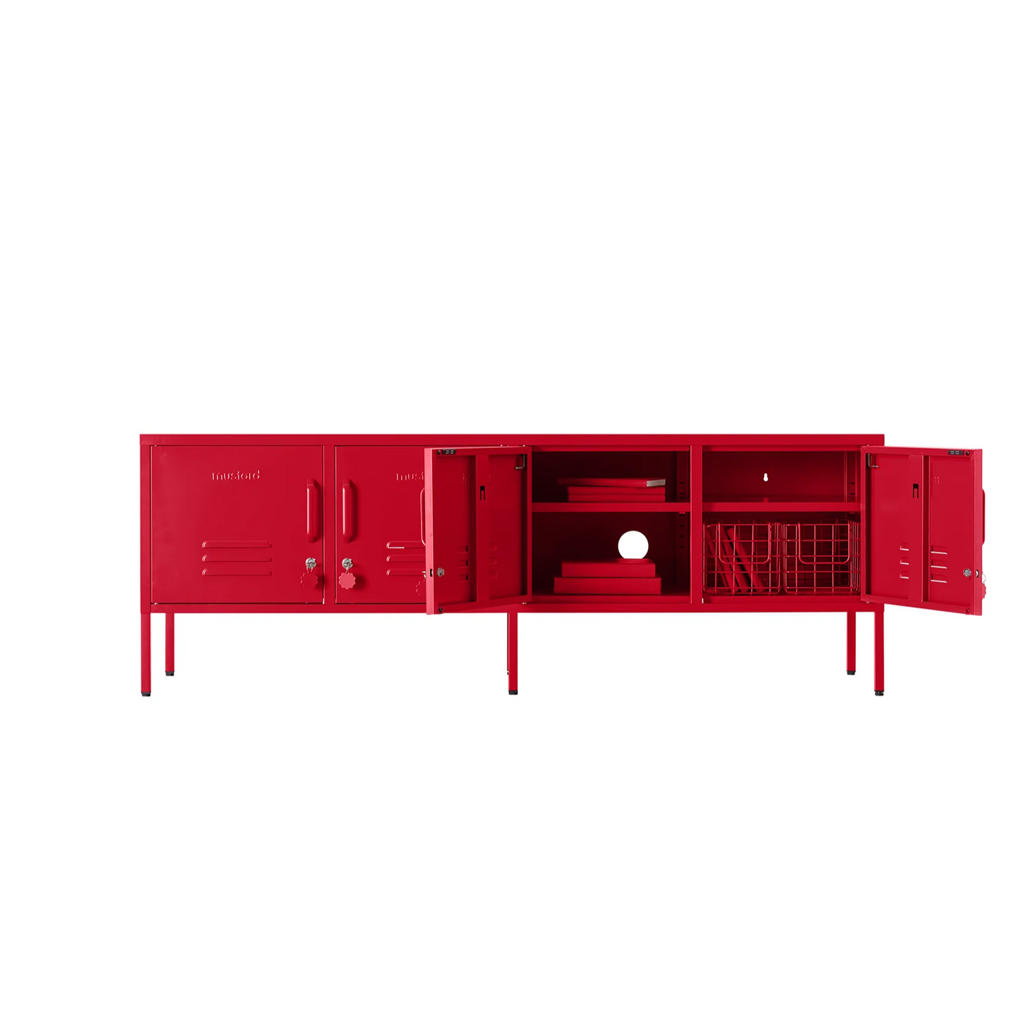 Red storage unit with multiple compartments on a white background