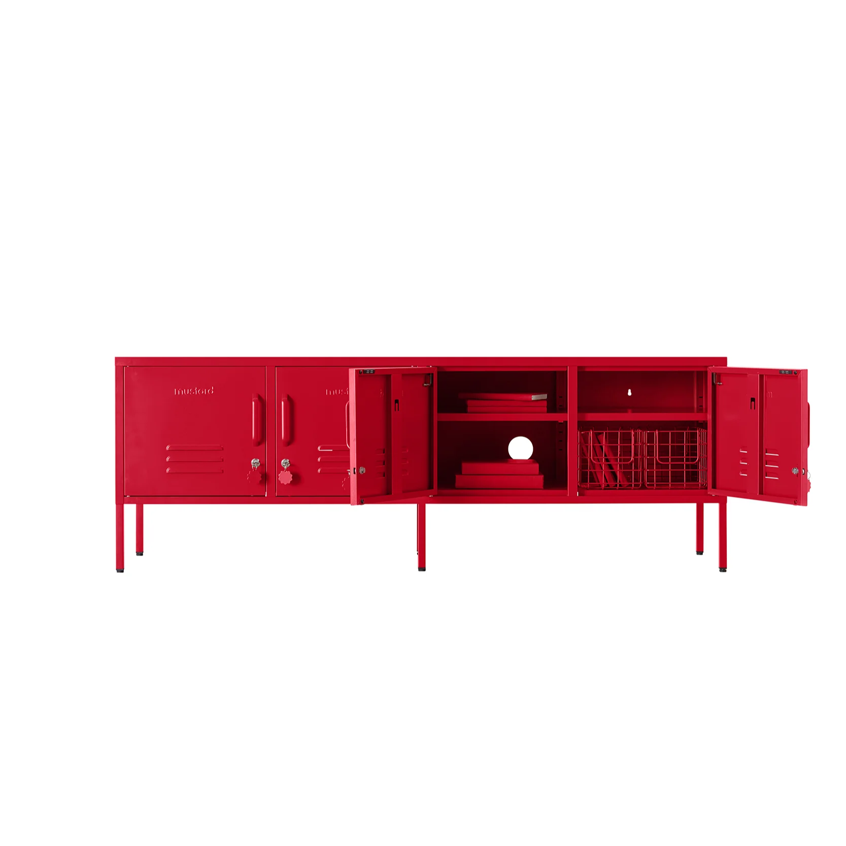 Red storage unit with multiple compartments on a white background