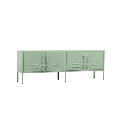 Green metal locker-style cabinet on a white background