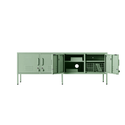 Green metal storage cabinet on a white background