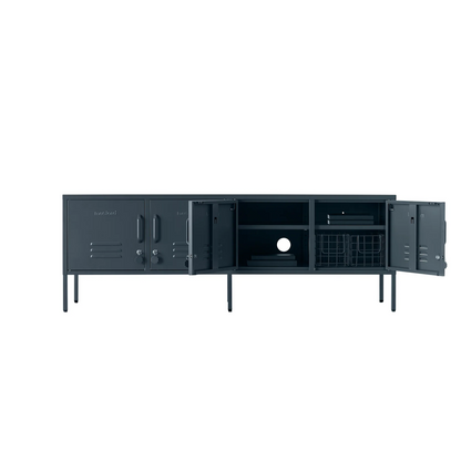 Black entertainment console on a white background
