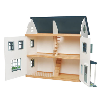 Wooden dollhouse with open doors on a white background