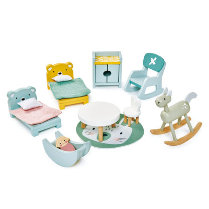 Set of wooden toys resembling furniture and animals on a white background