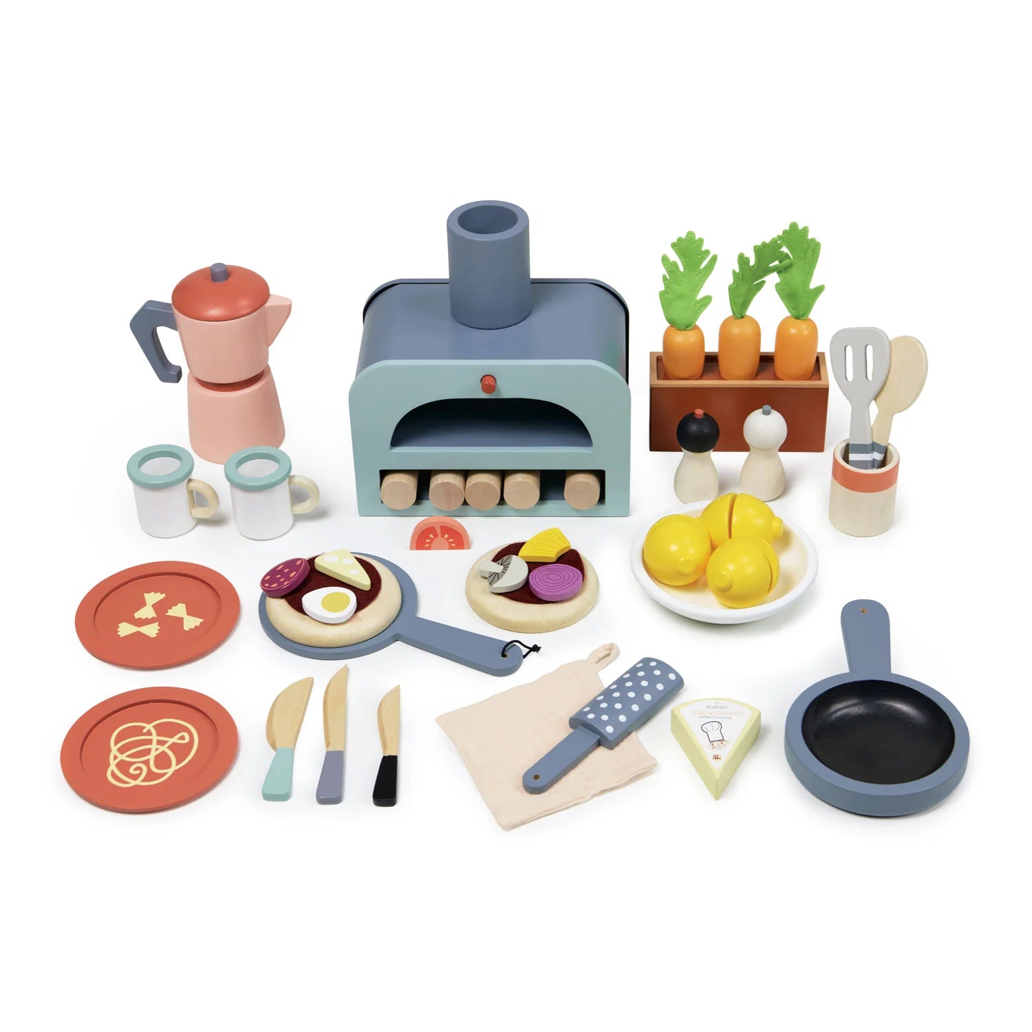 Collection of toy kitchen items including a pizza oven, cookware, and food items on a white background