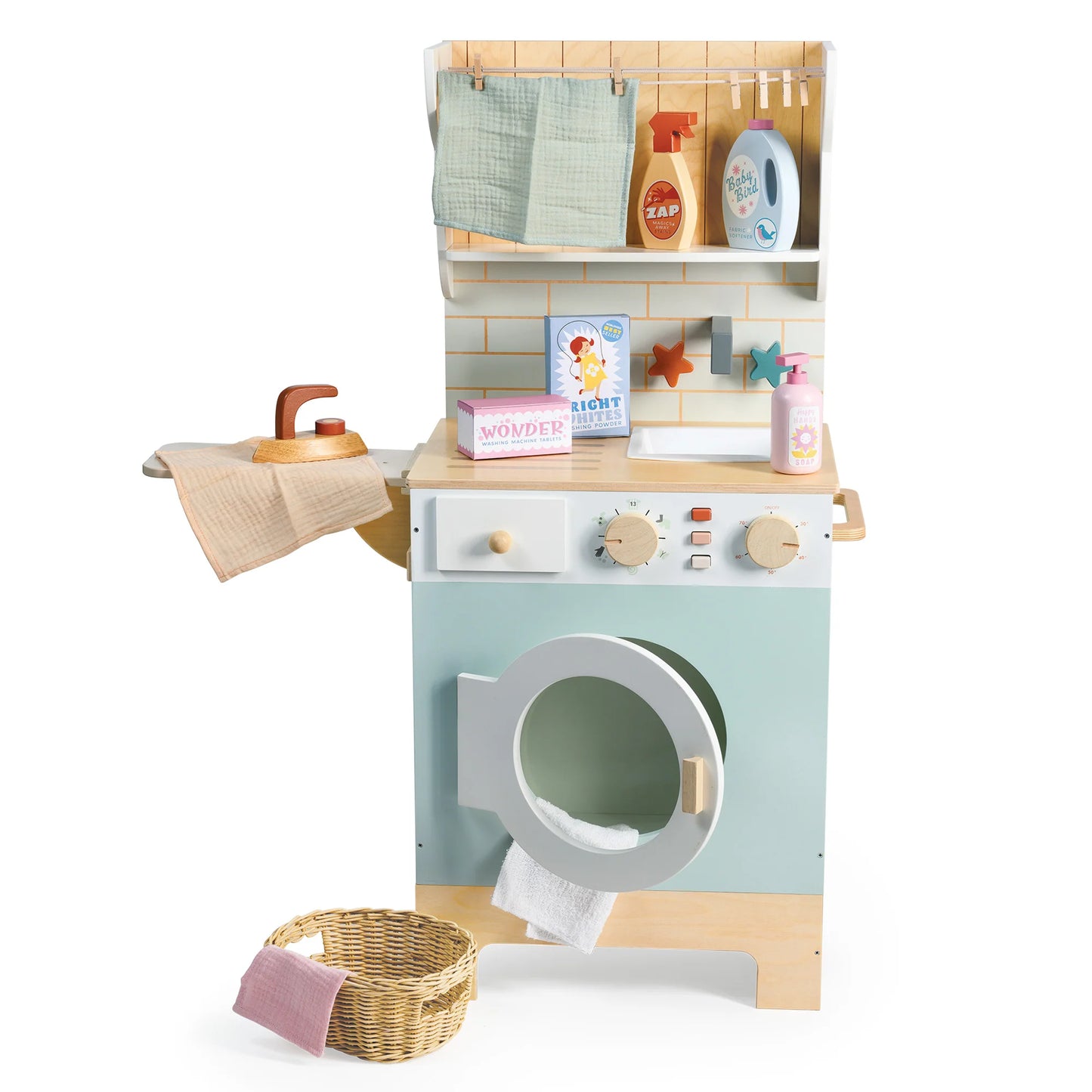 Toy washing machine with accessories on a white background