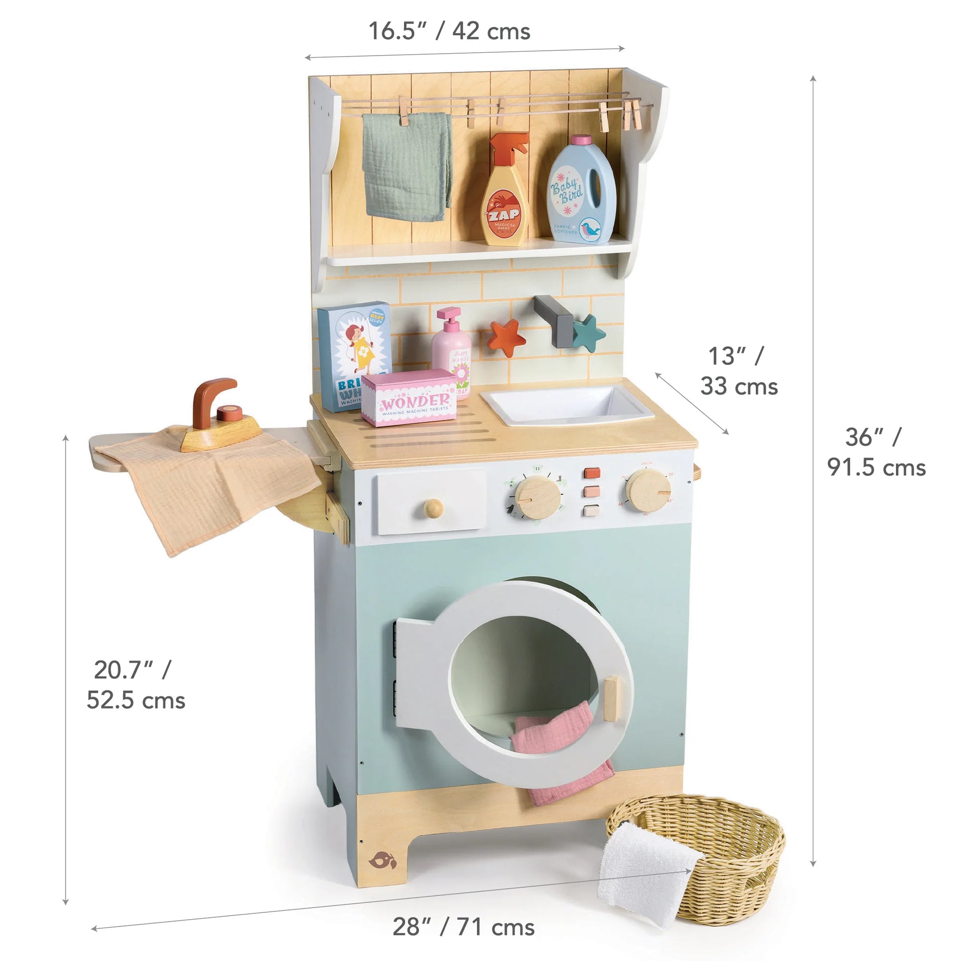 Wooden toy washing machine with dimensions displayed