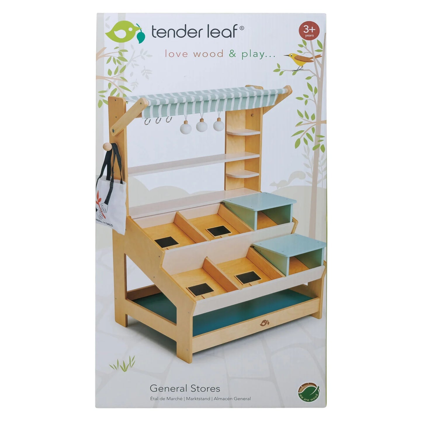 Tender Leaf toy store with shelves and a canopy on a white background