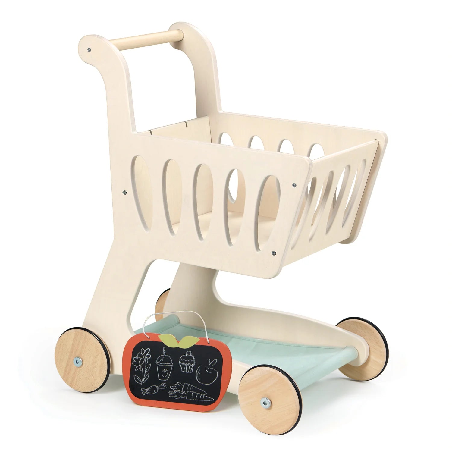 Wooden toy shopping cart with a chalkboard sign on a white background