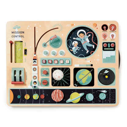 Children's wooden activity board with space-themed design on a white background