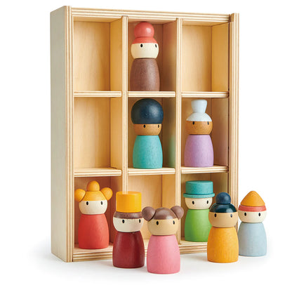 Set of colorful wooden peg dolls in a display case on a white background
