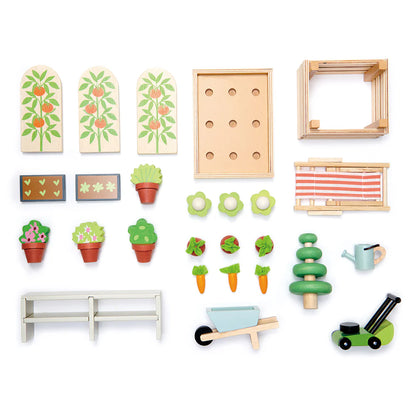 Set of wooden gardening toys on a white background