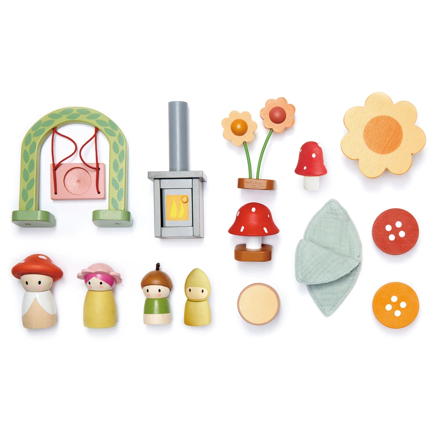 Set of colorful wooden toys including a bridge, lantern, flowers, mushrooms, and small figures on a white background.