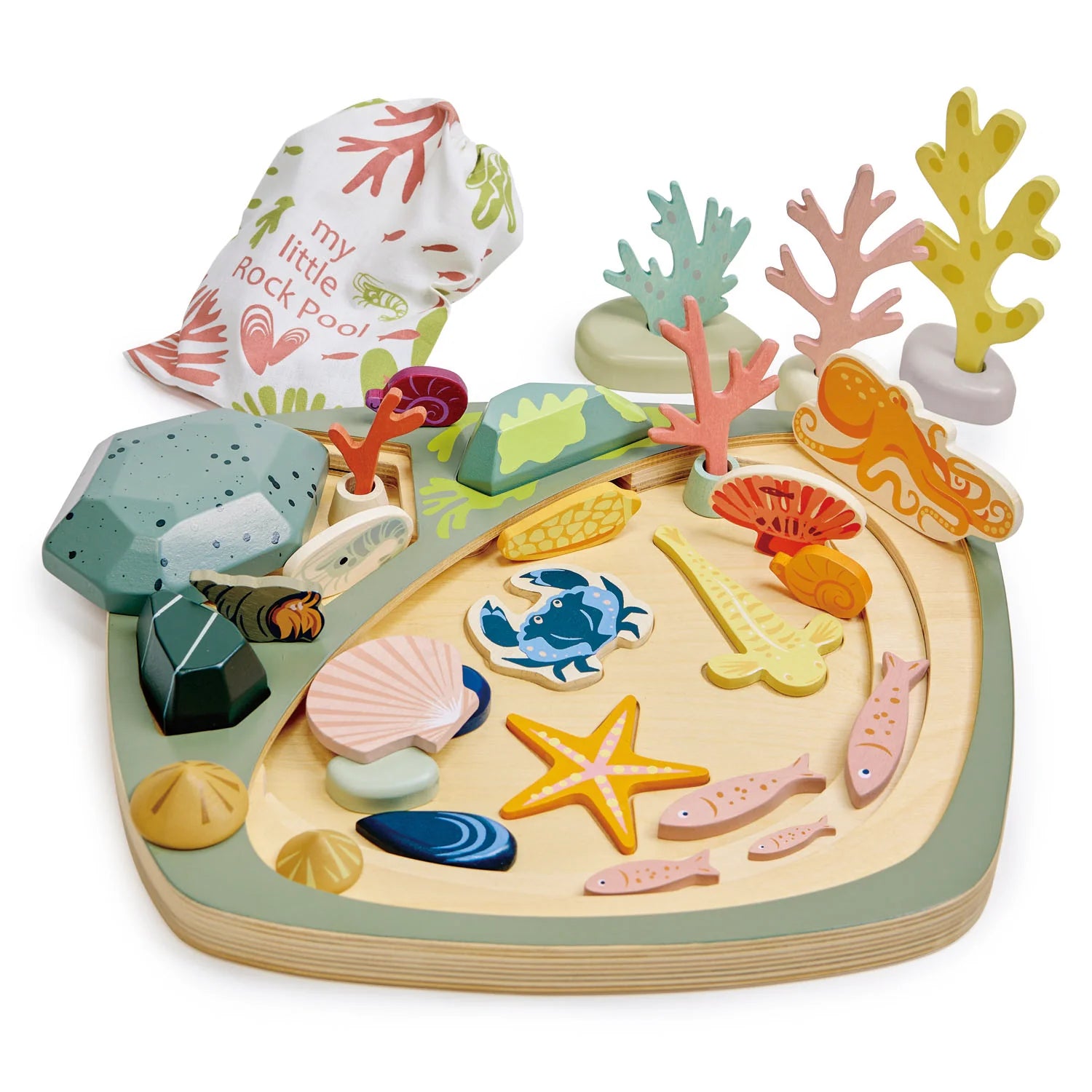 Colorful wooden ocean-themed puzzle with sea creatures and coral on a white background