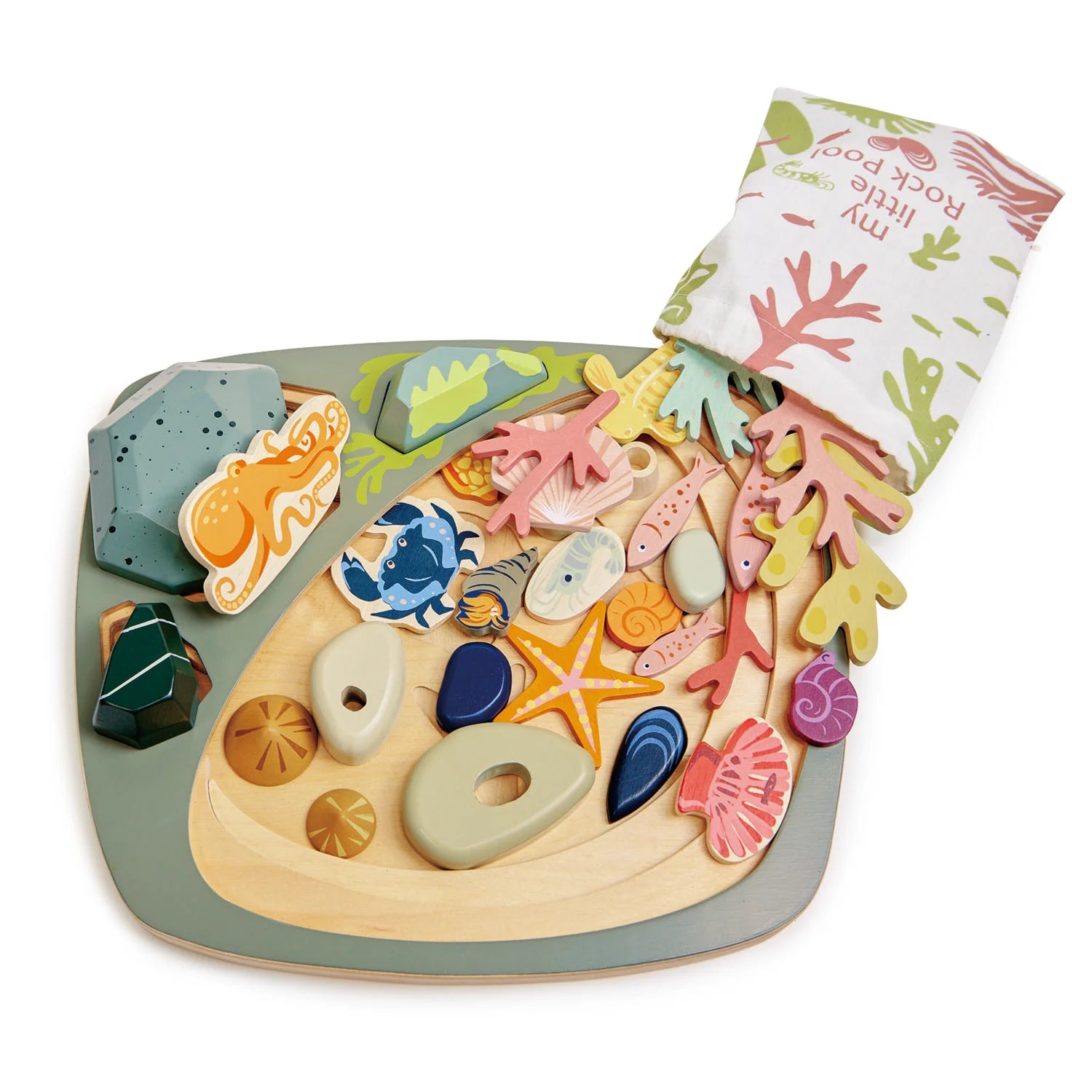 Colorful wooden sea-themed puzzle with a cloth on a white background