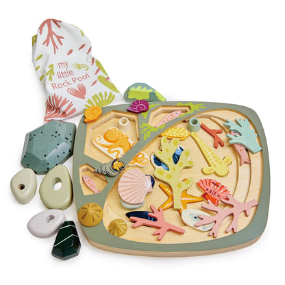 Children's educational toy set with colorful sea-themed rocks and a small pouch on a white background