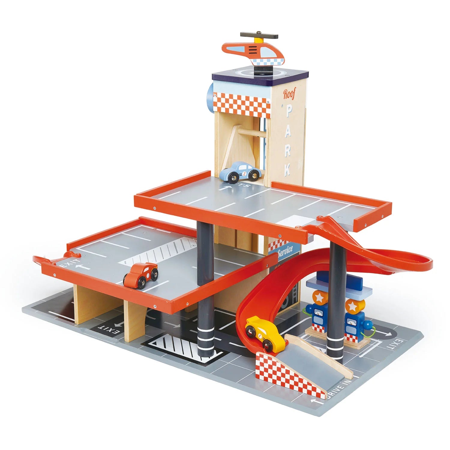 Toy parking garage set with cars on a white background