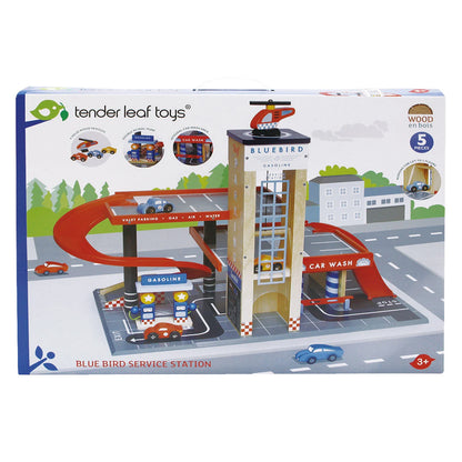 Tender Leaf Toys Blue Bird Service Station toy set packaging on a white background