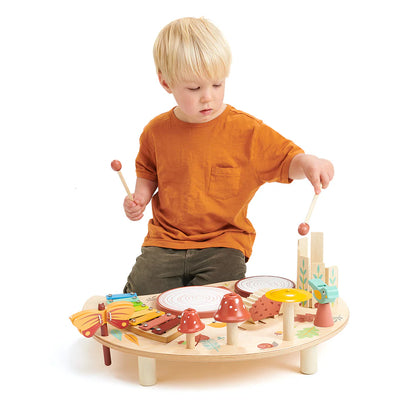 Child playing with a wooden toy set on a white background