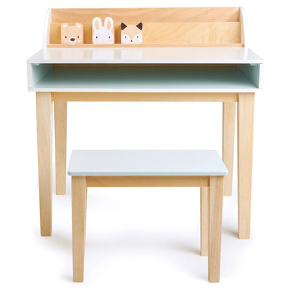 Children's desk and stool set with a white top and light wood legs on a white background