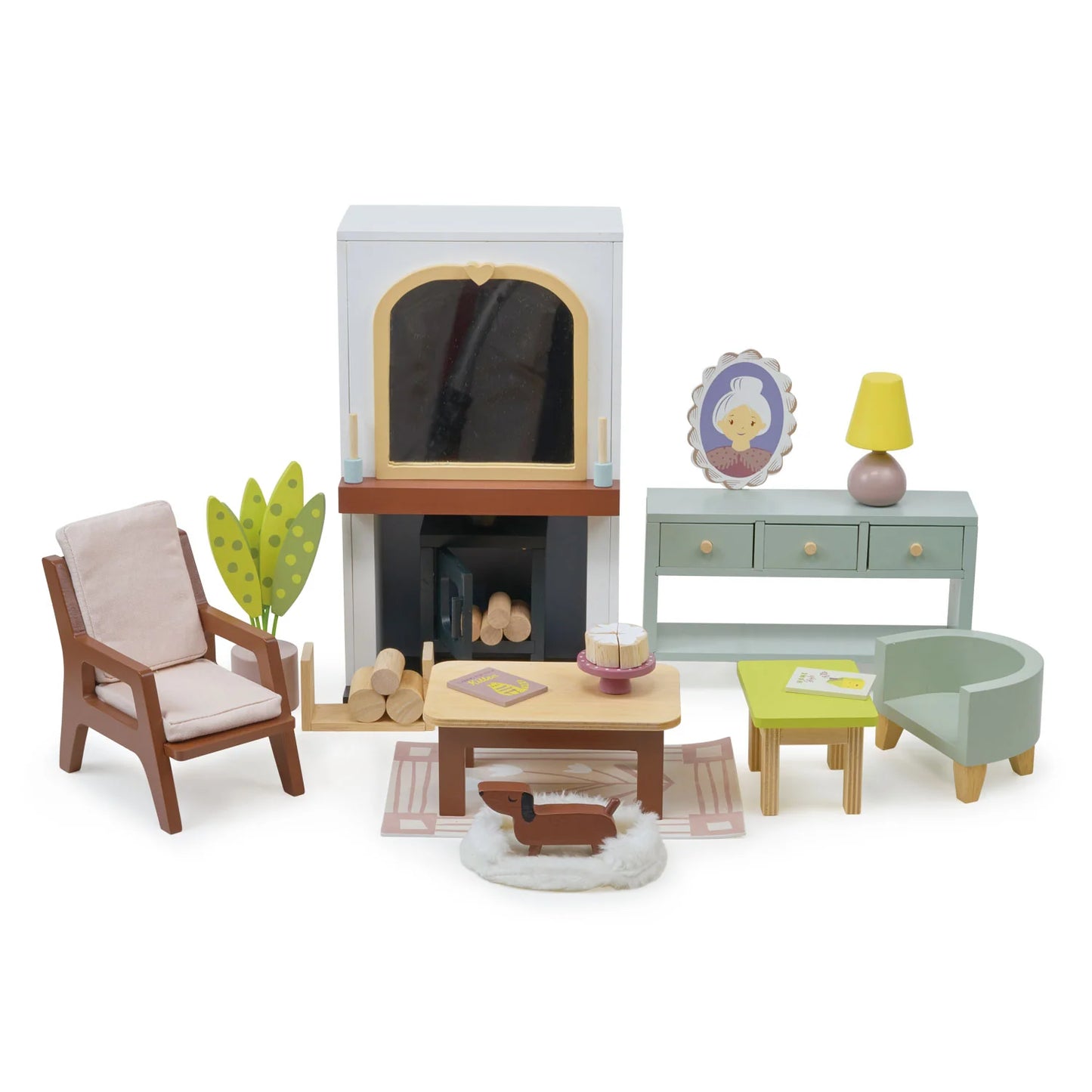 Dollhouse living room set with furniture and decor on a white background