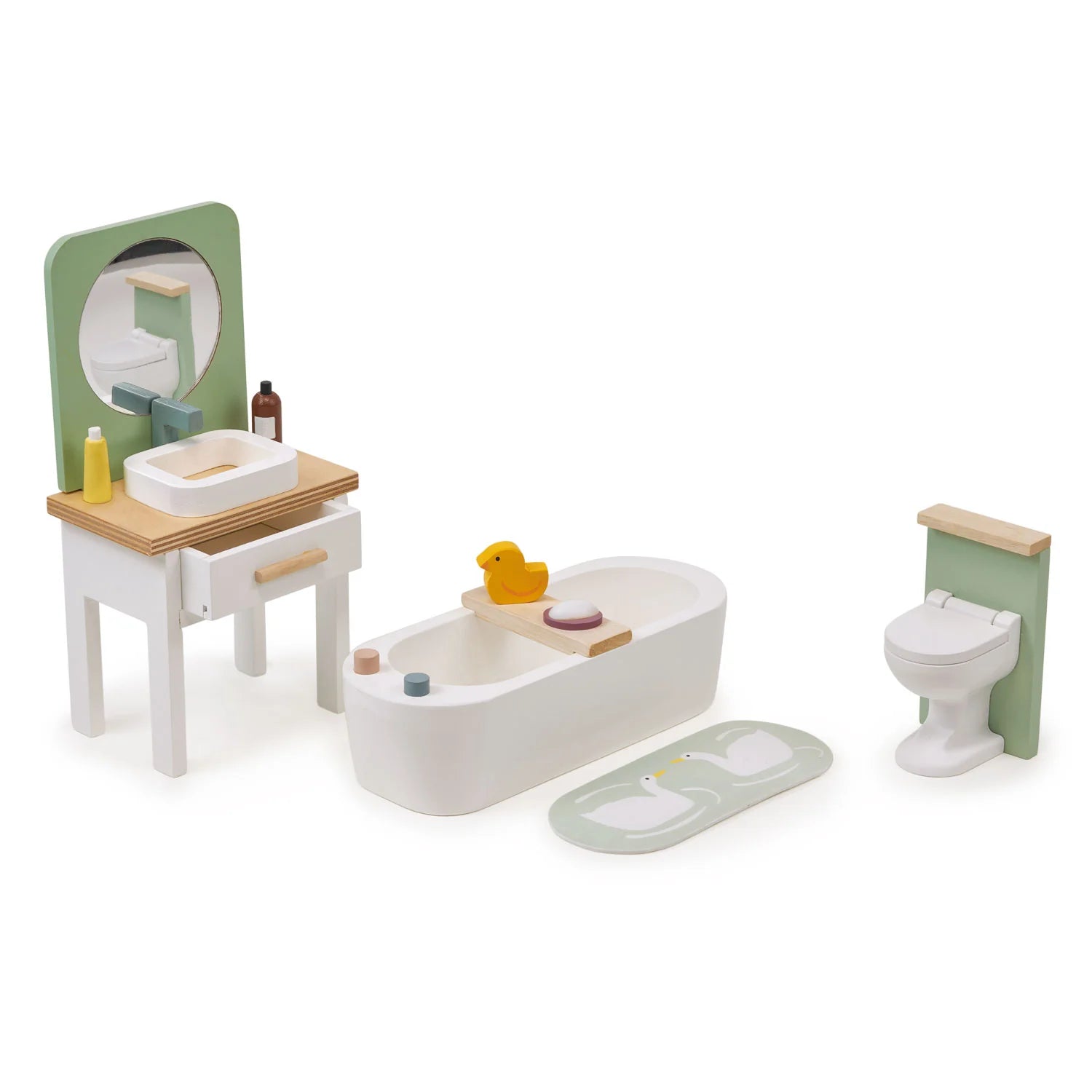 Set of toy bathroom furniture including bathtub, sink, toilet, and mirror on a white background