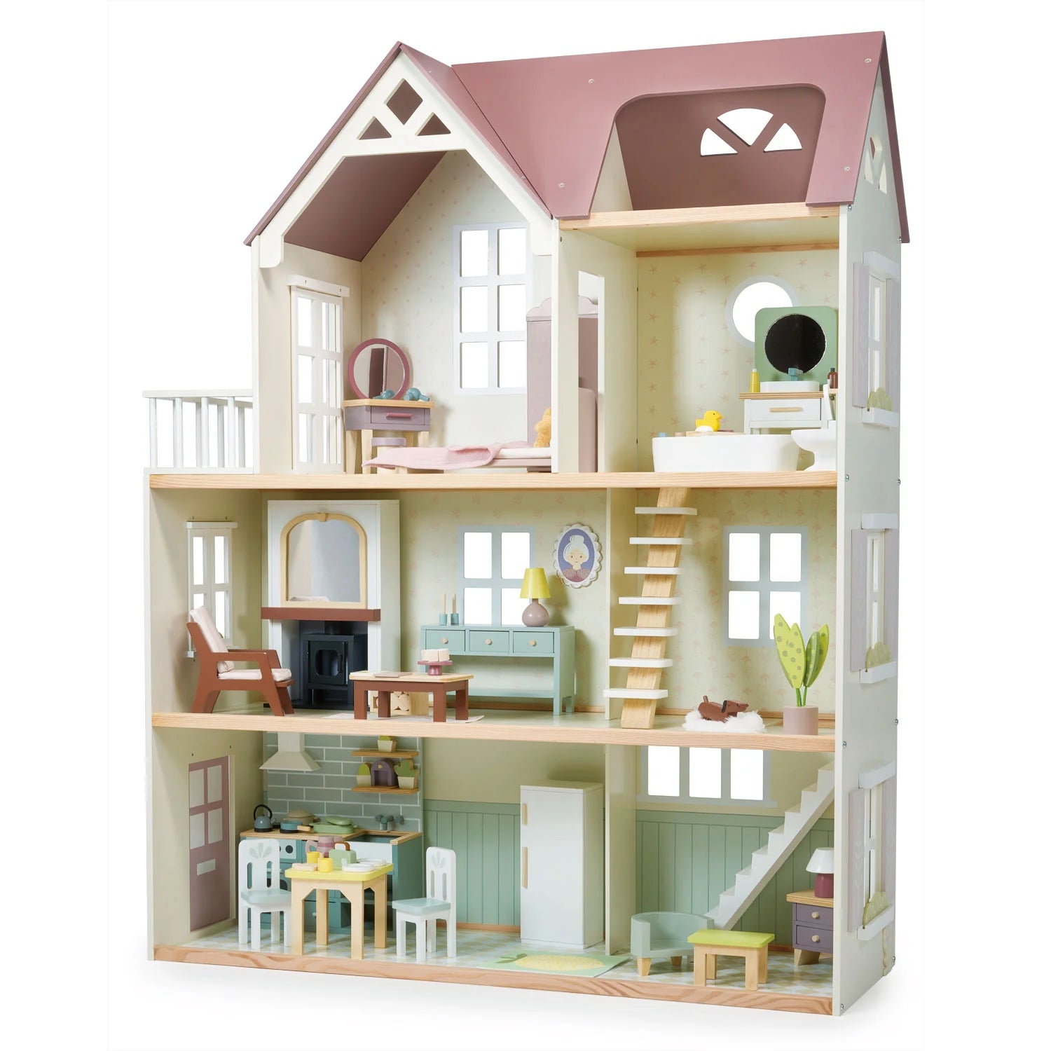 Wooden dollhouse with detailed interior furniture on a white background