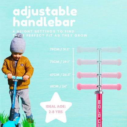 Child using a scooter with adjustable handlebar settings on a light blue background