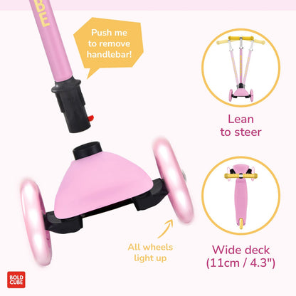 Pink self-balancing scooter with features highlighted on a white background