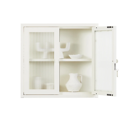 White cabinet with vases inside