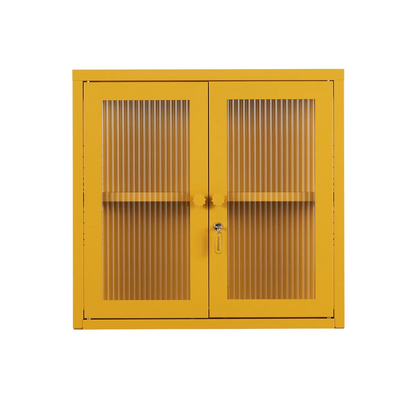 Yellow mustard cabinet with glass on white background