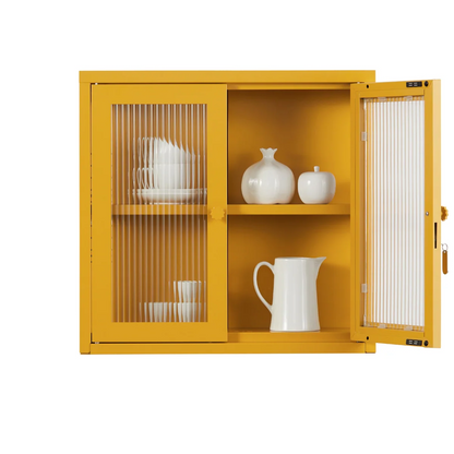 Yellow cabinet with door open with jugs and vases