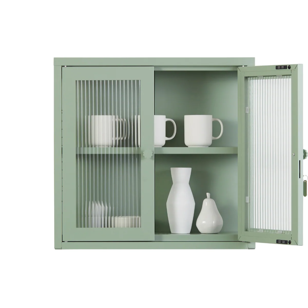 Cabinet in sage green with glass door open