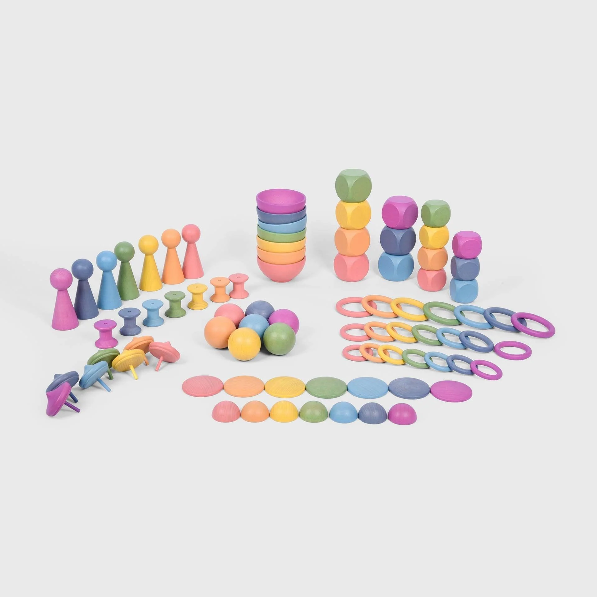 Assortment of wooden loose parts toys