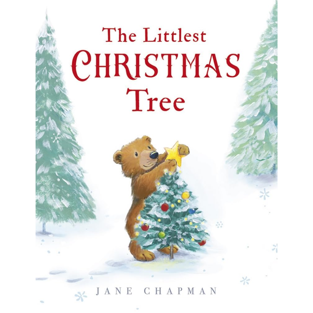 Book cover of 'The Littlest Christmas Tree' with a bear and Christmas tree illustration.