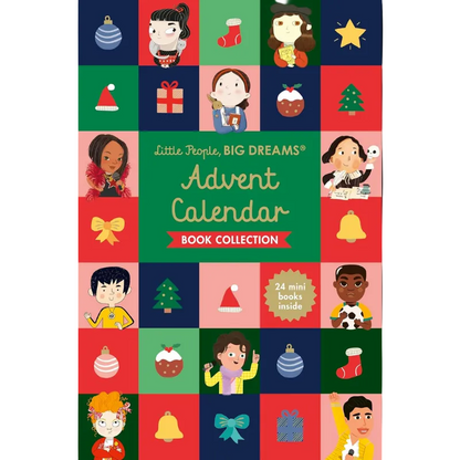 Front cover of the 'Little People, Big Dreams Advent Calendar Book Collection' featuring a colorful grid of holiday-themed illustrations on a white background.