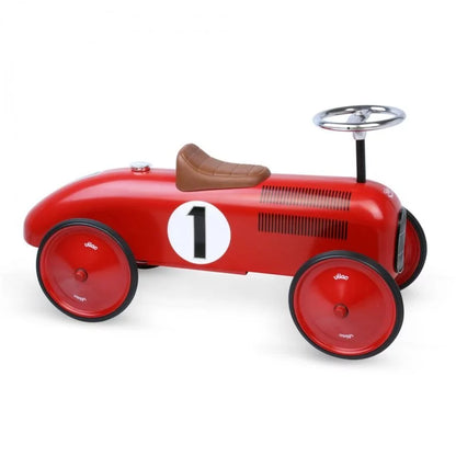 Red toy car with number 1 on a white background