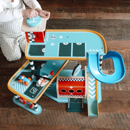 Colourful chilren's toy garage being played with