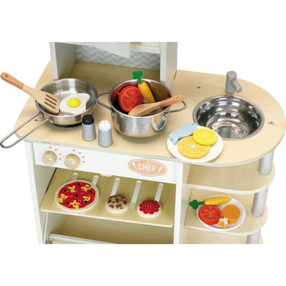 Wooden play kitchen with accessories