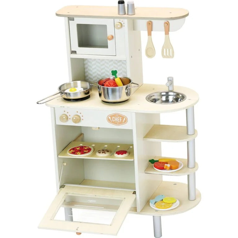 Children's wooden play kitchen set with various accessories on a white background