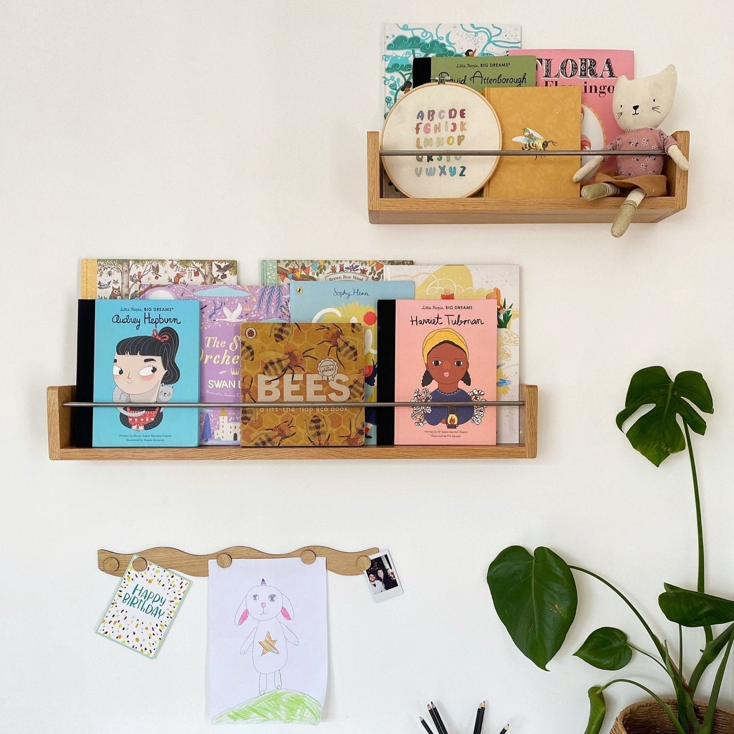 Wooden shelves with books and stationery on a white wall, next to a plant.