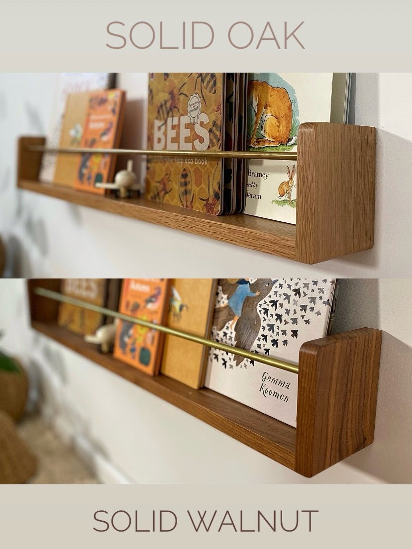 Wooden shelves with books on a white wall, labeled 'Solid Oak' and 'Solid Walnut'.