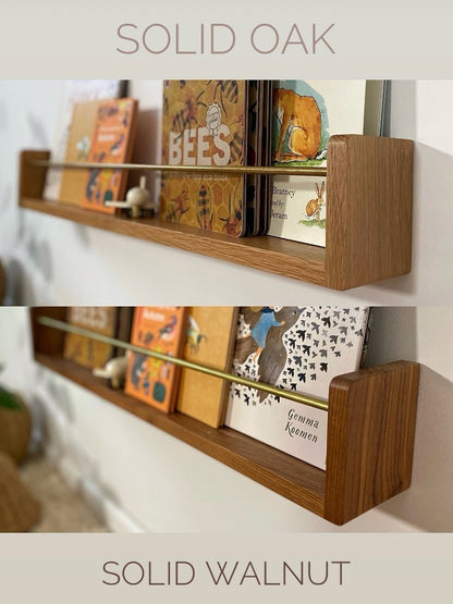 Wooden shelves with books on a white wall, labeled 'Solid Oak' and 'Solid Walnut'.