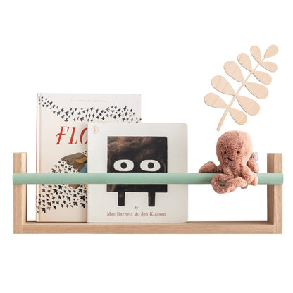 Wooden shelf with books and a plush toy on a white background