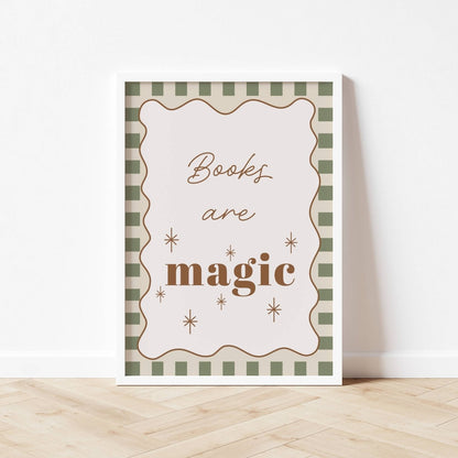 Decorative book with 'Books are magic' text on a checkered background