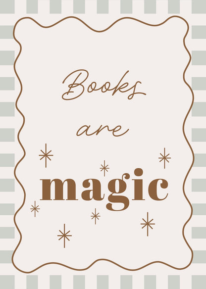Decorative book cover with 'Books are magic' text on a striped background