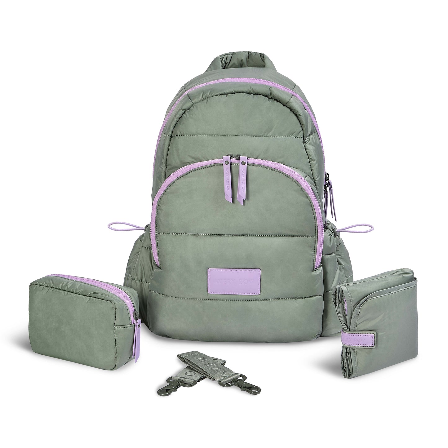Green backpack with purple accents and matching pouches on a white background